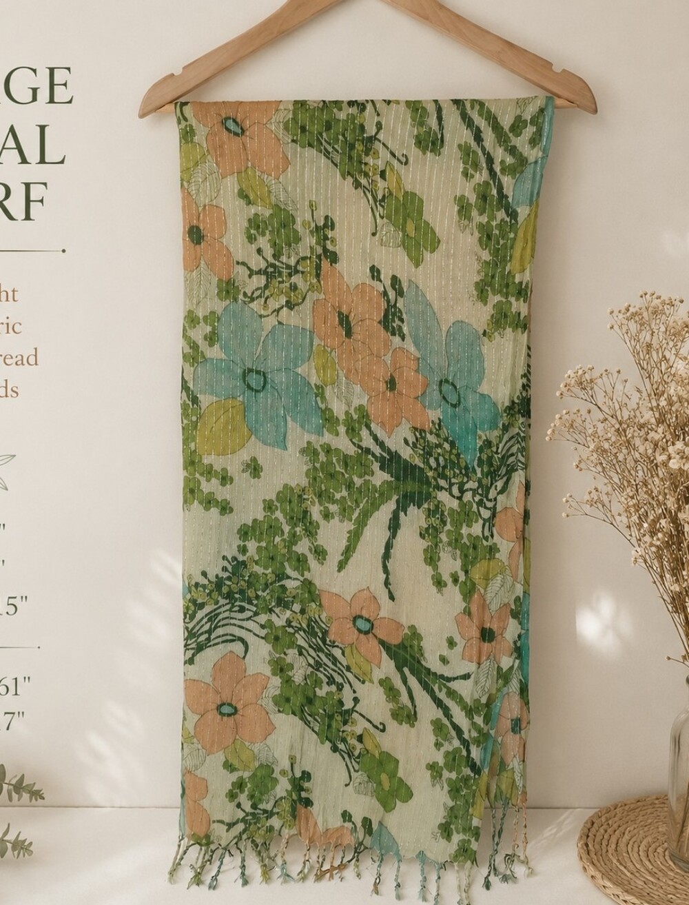 Vintage Style Floral Scarf Green Blue Peach Metallic Thread Fringe 62x17